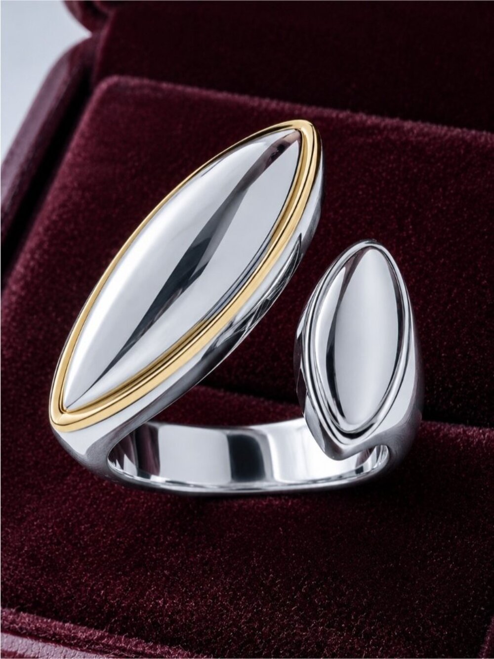 Two-Marquise Open Ring in Silver with Gold Trim